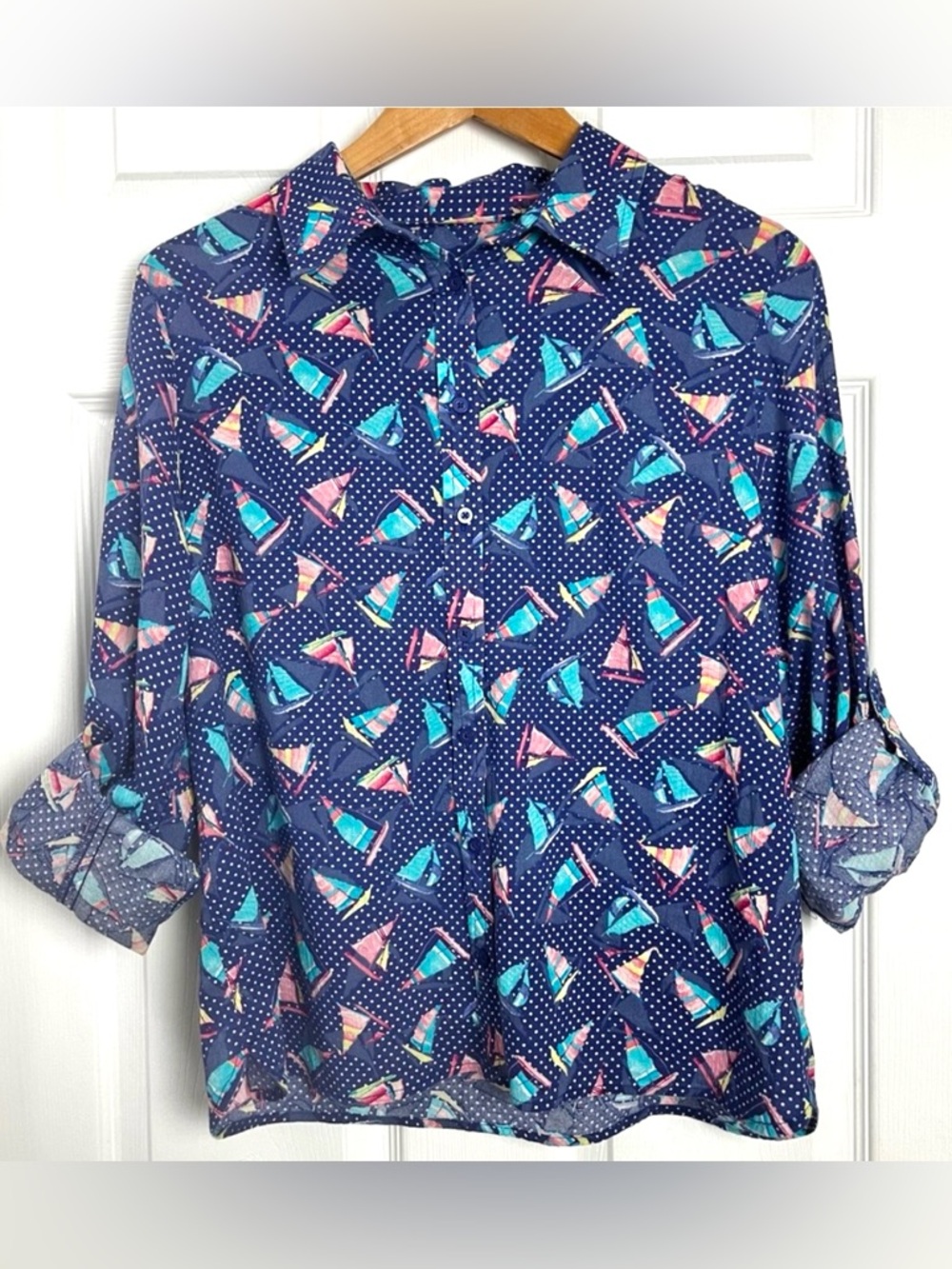Talbots Petite Sailboat Print Button Down Blouse Navy Polka Dot Cotton • Size PM